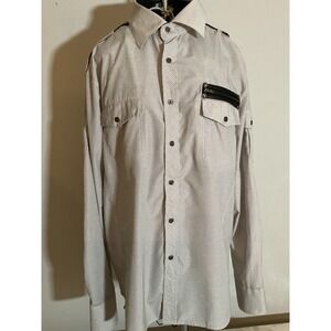 Toku Mens White Black Grid Button Down Shirt Fleur De Lis Military Epaulettes XL